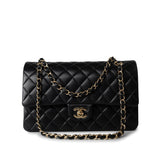 CHANEL Handbag Black Black Lambskin Quilted Classic Flap Medium Light Gold Hardware - Redeluxe