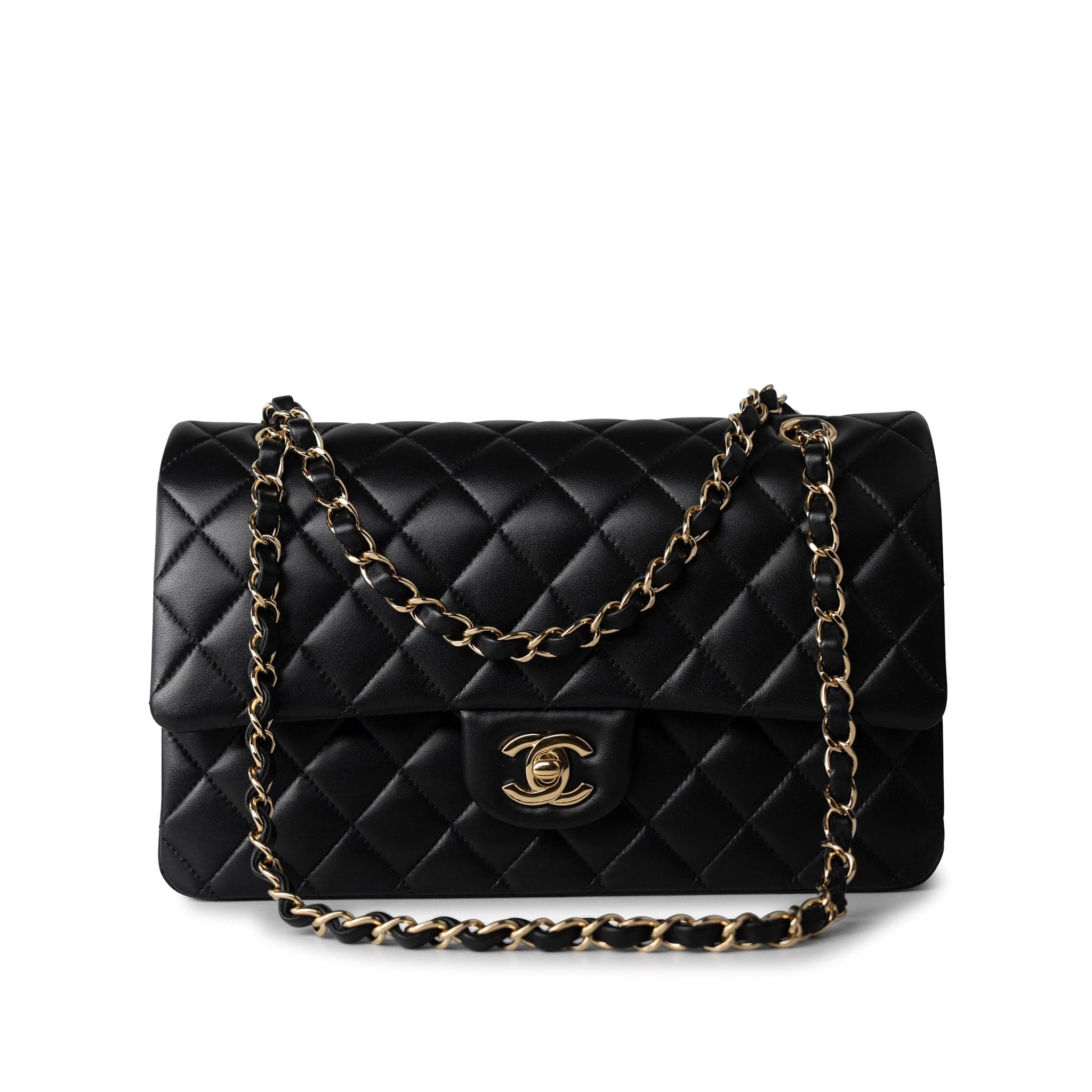 CHANEL Handbag Black Black Lambskin Quilted Classic Flap Medium Light Gold Hardware - Redeluxe
