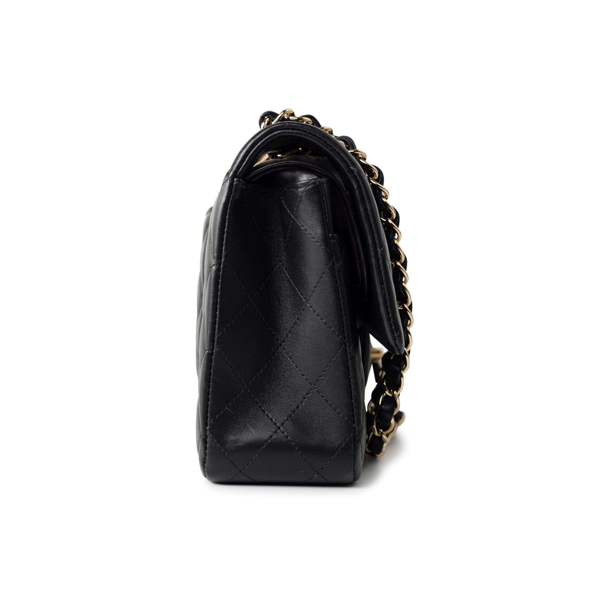 CHANEL Handbag Black Black Lambskin Quilted Classic Flap Medium Light Gold Hardware - Redeluxe