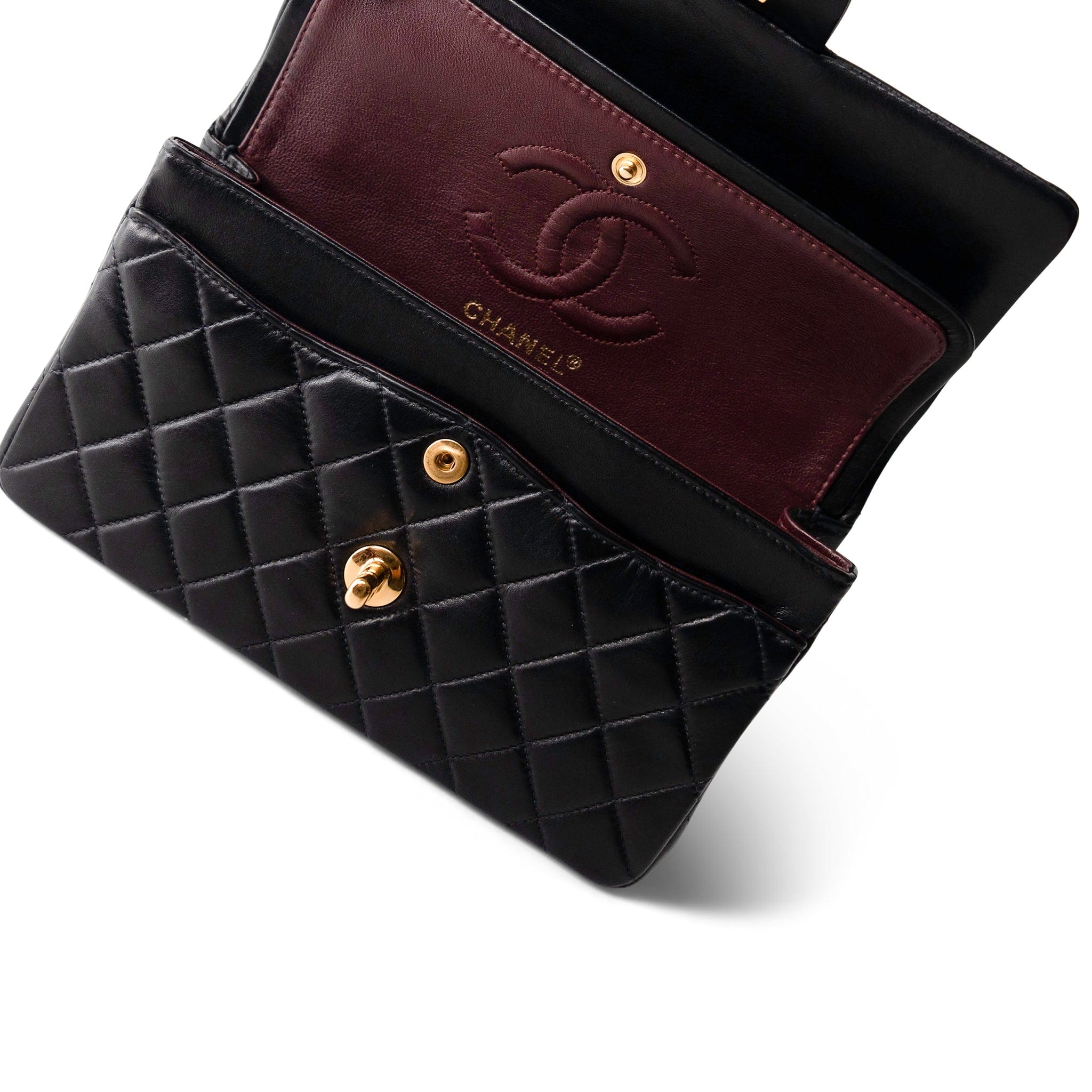 CHANEL Handbag Black Black Lambskin Quilted Classic Flap Small Gold Hardware - Redeluxe