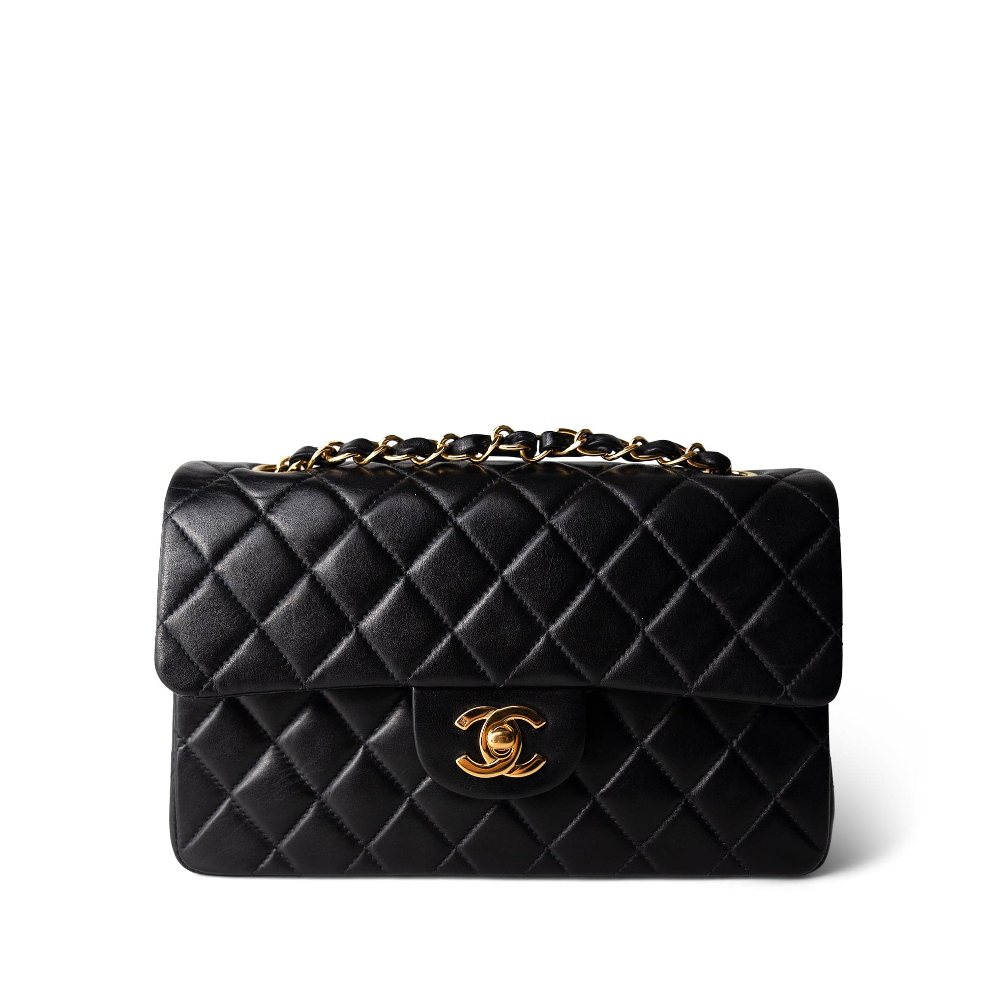 CHANEL Handbag Black Black Lambskin Quilted Classic Flap Small Gold Hardware - Redeluxe