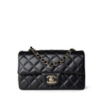 CHANEL Handbag Black Black Lambskin Quilted Mini Rectangular Flap Light Gold Hardware - Redeluxe