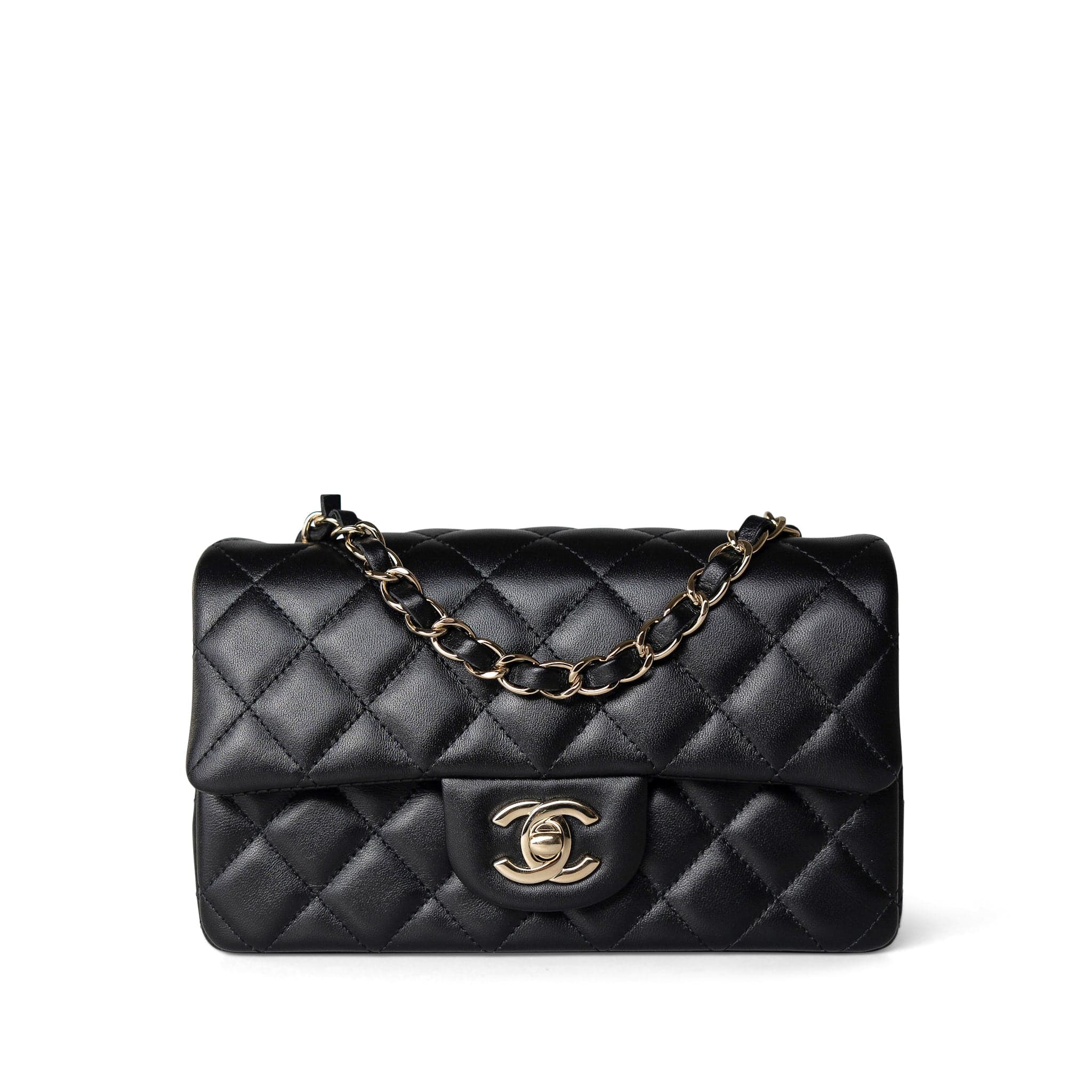 CHANEL Handbag Black Black Lambskin Quilted Mini Rectangular Flap Light Gold Hardware - Redeluxe