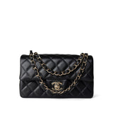 CHANEL Handbag Black Black Lambskin Quilted Mini Rectangular Flap Light Gold Hardware - Redeluxe