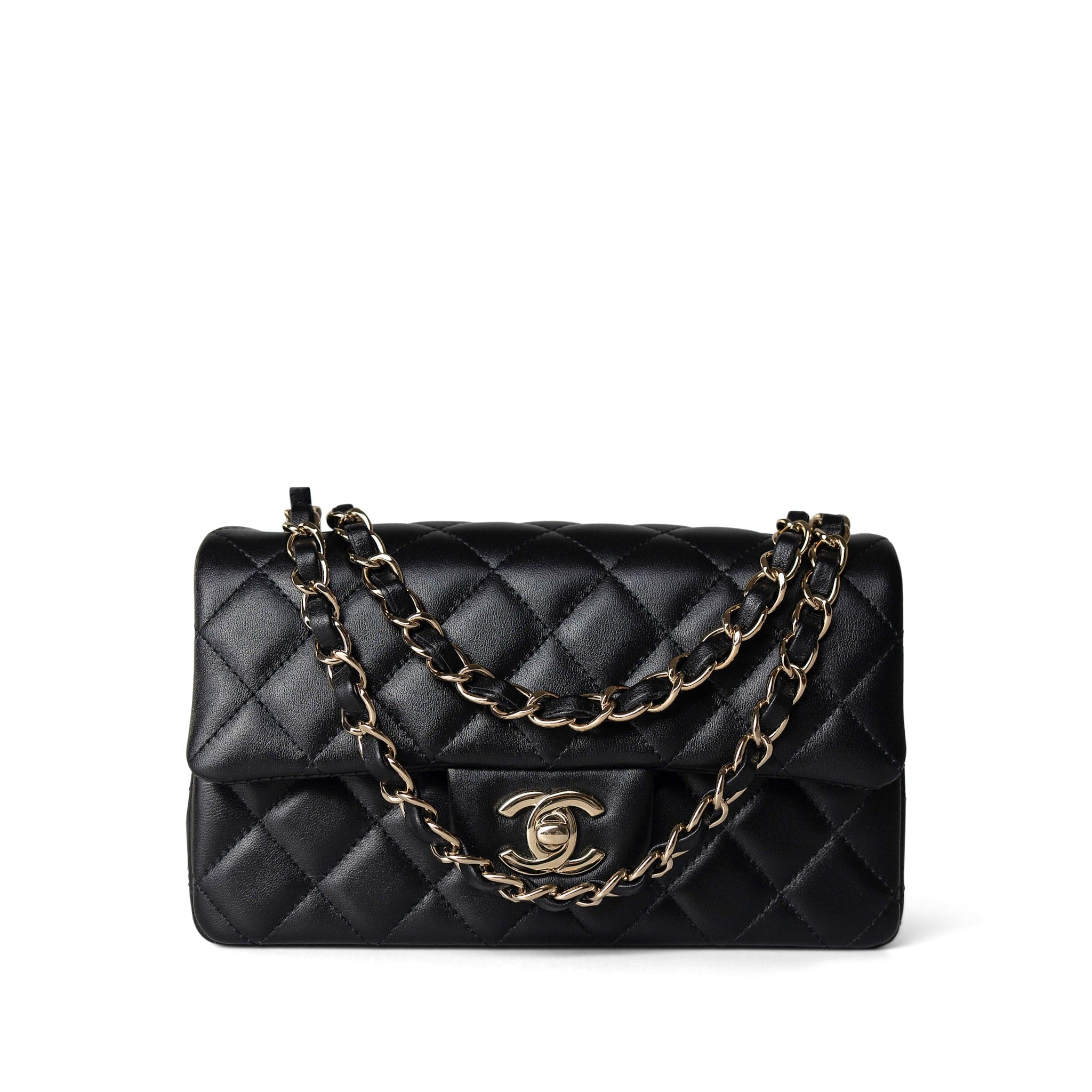 CHANEL Handbag Black Black Lambskin Quilted Mini Rectangular Flap Light Gold Hardware - Redeluxe