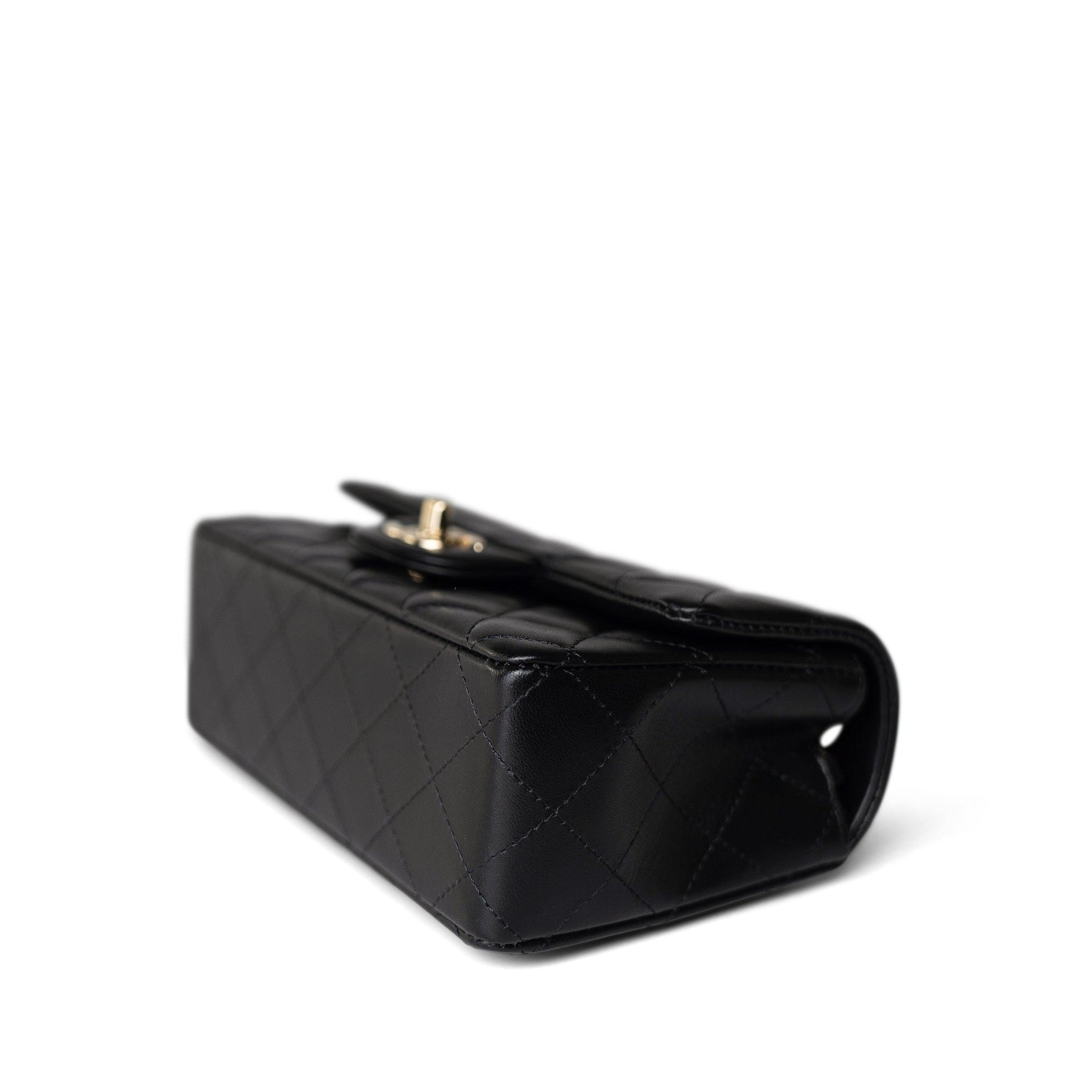 CHANEL Handbag Black Black Lambskin Quilted Mini Rectangular Flap Light Gold Hardware - Redeluxe