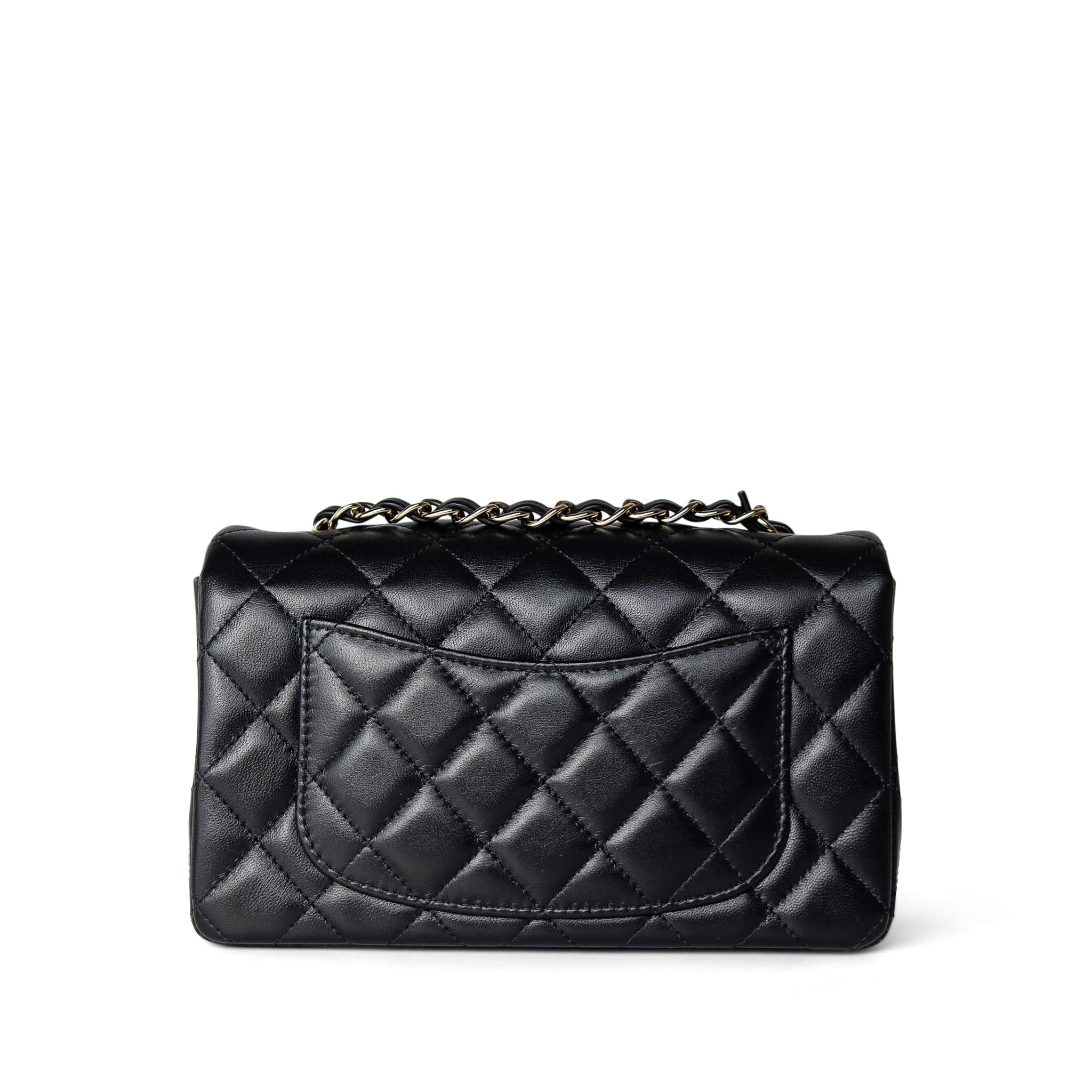 CHANEL Handbag Black Black Lambskin Quilted Mini Rectangular Flap Light Gold Hardware - Redeluxe