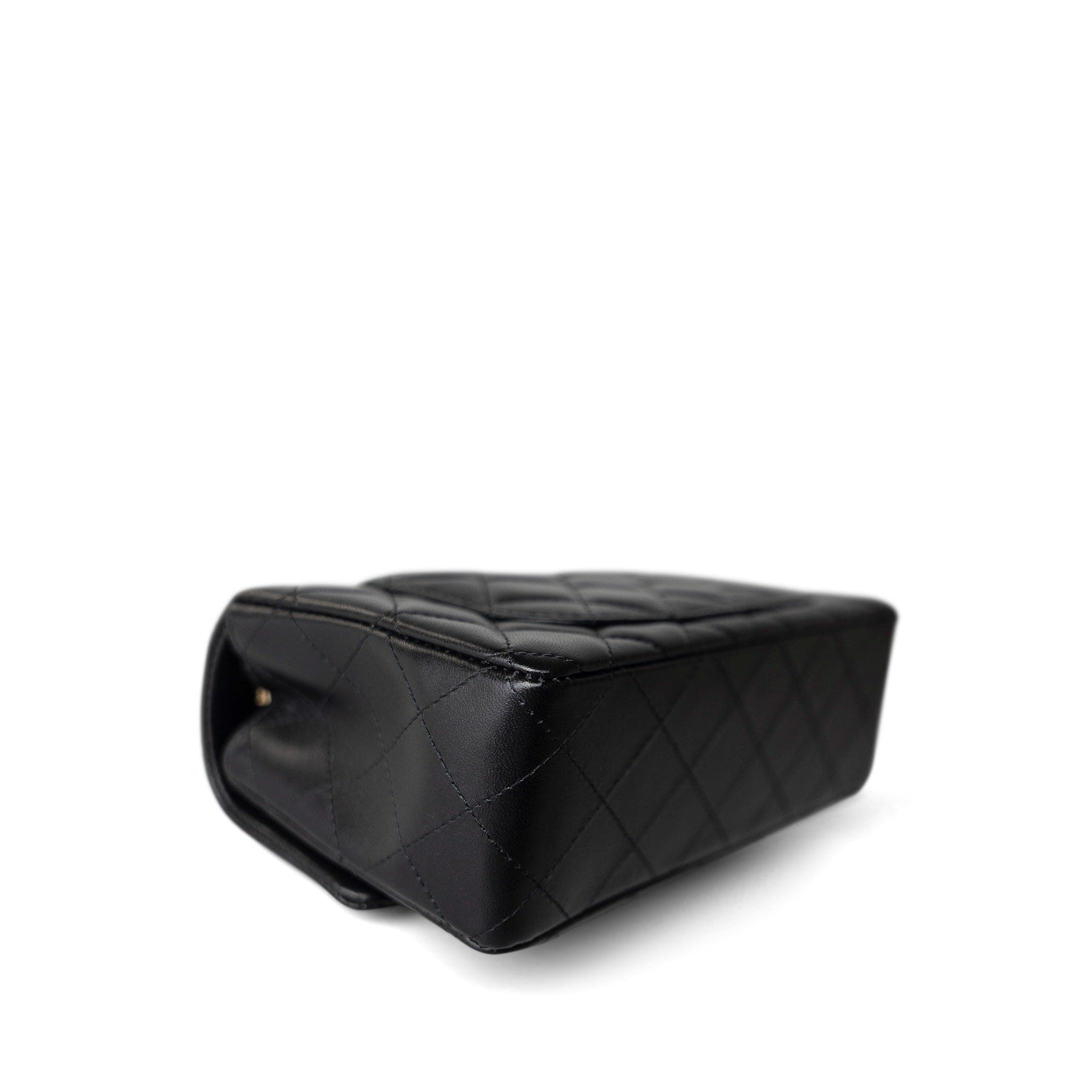 CHANEL Handbag Black Black Lambskin Quilted Mini Rectangular Flap Light Gold Hardware - Redeluxe
