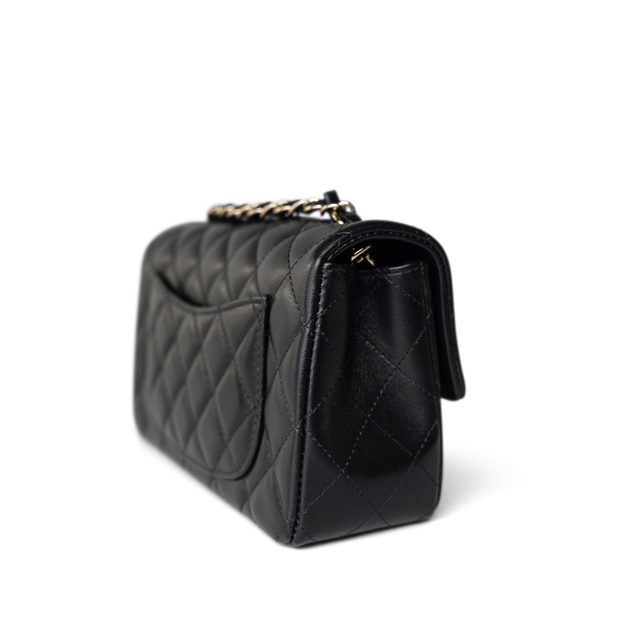 CHANEL Handbag Black Black Lambskin Quilted Mini Rectangular Flap Light Gold Hardware - Redeluxe