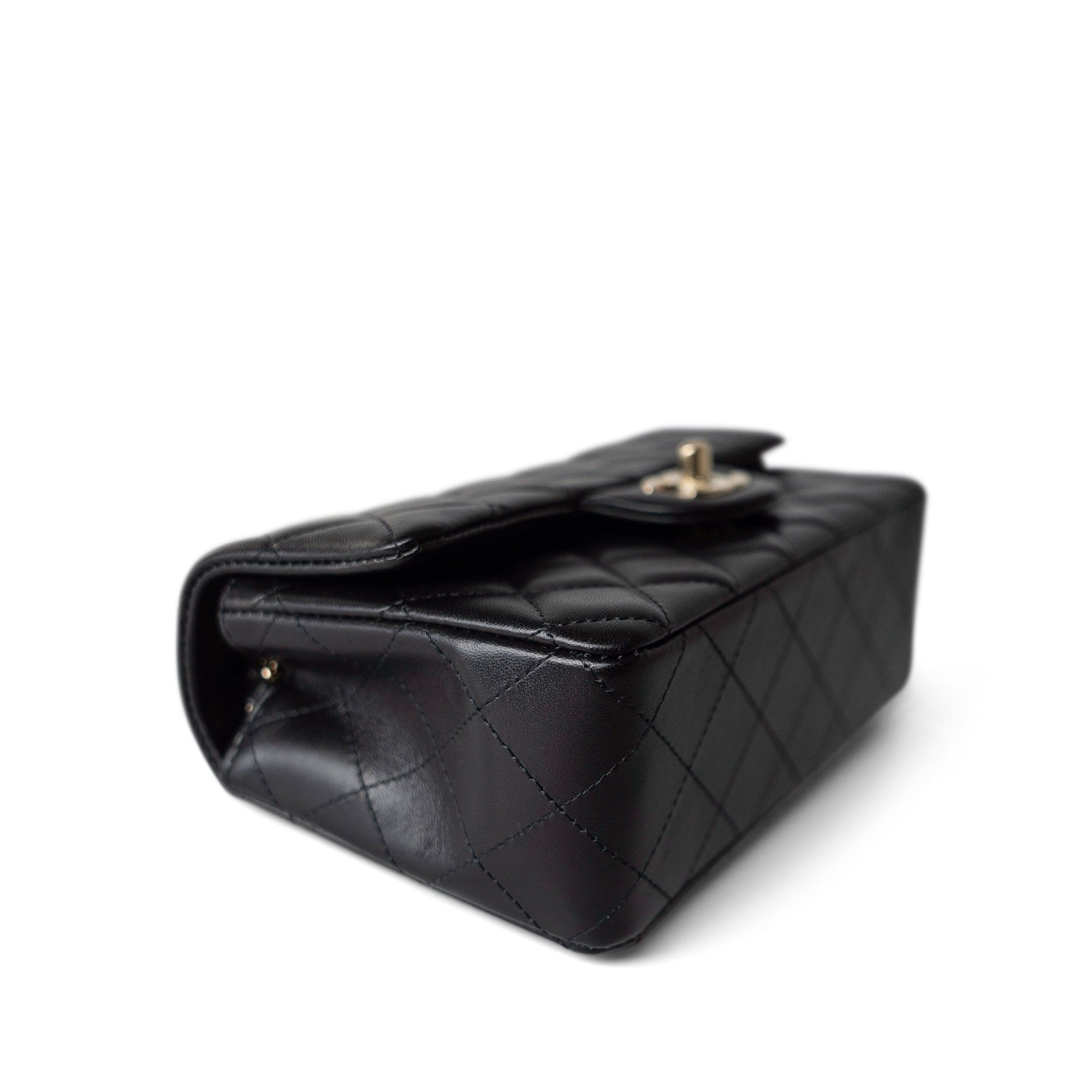 CHANEL Handbag Black Black Lambskin Quilted Mini Rectangular Flap Light Gold Hardware - Redeluxe