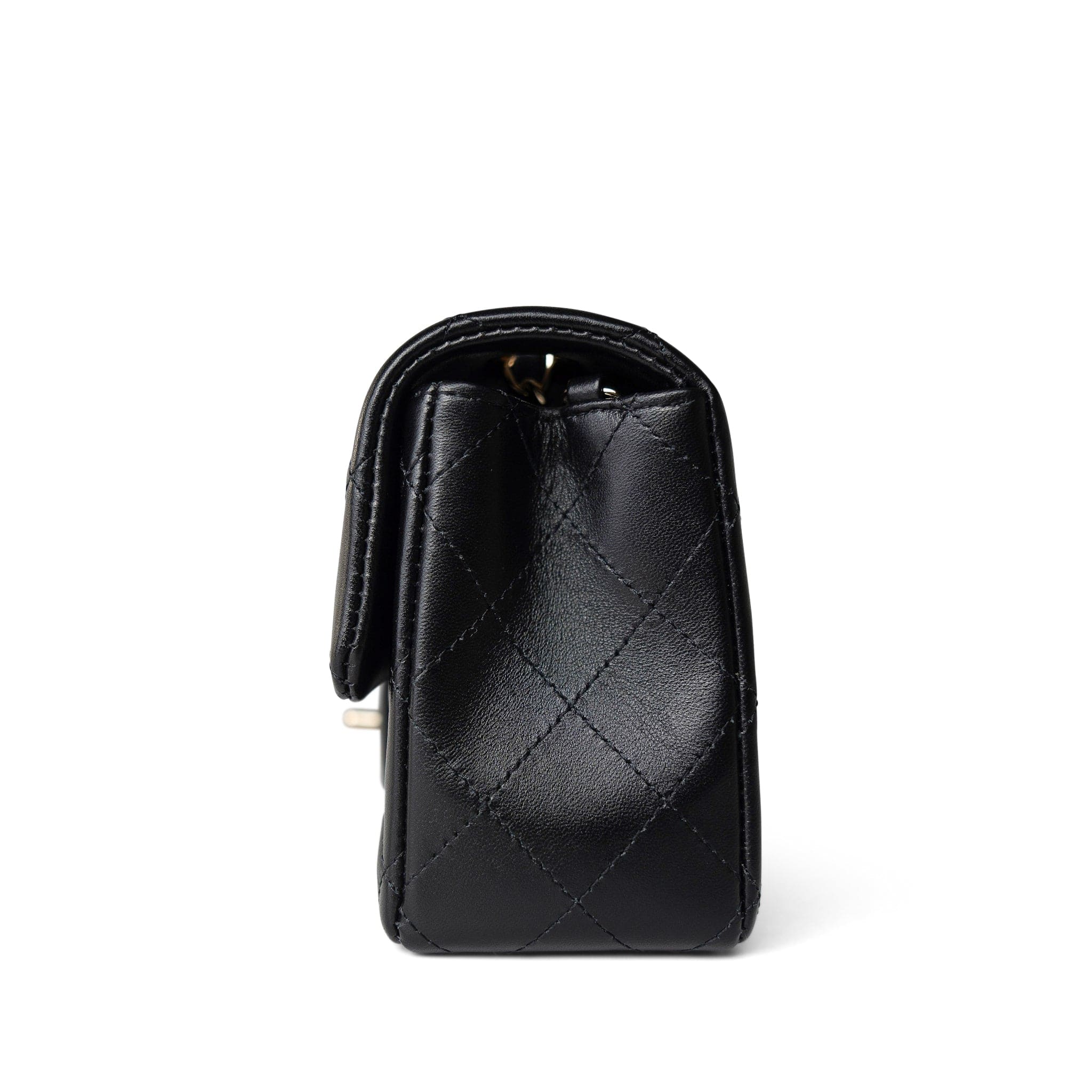 CHANEL Handbag Black Black Lambskin Quilted Mini Rectangular Flap Light Gold Hardware - Redeluxe