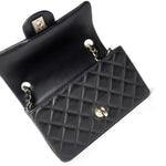 CHANEL Handbag Black Black Lambskin Quilted Mini Rectangular Flap Light Gold Hardware - Redeluxe