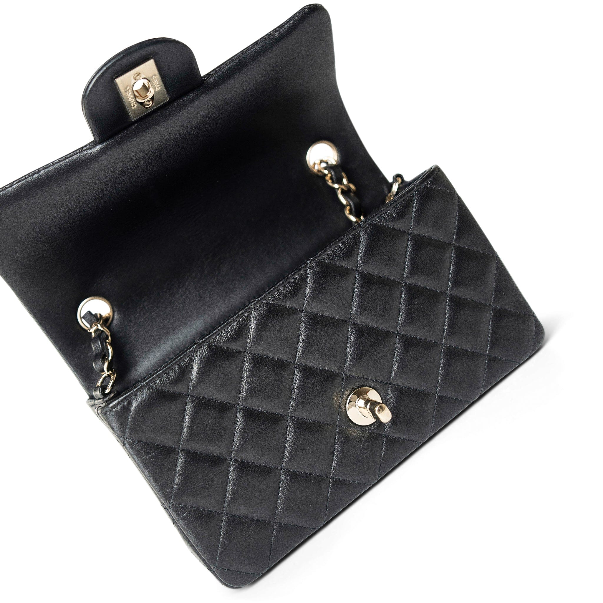 CHANEL Handbag Black Black Lambskin Quilted Mini Rectangular Flap Light Gold Hardware - Redeluxe