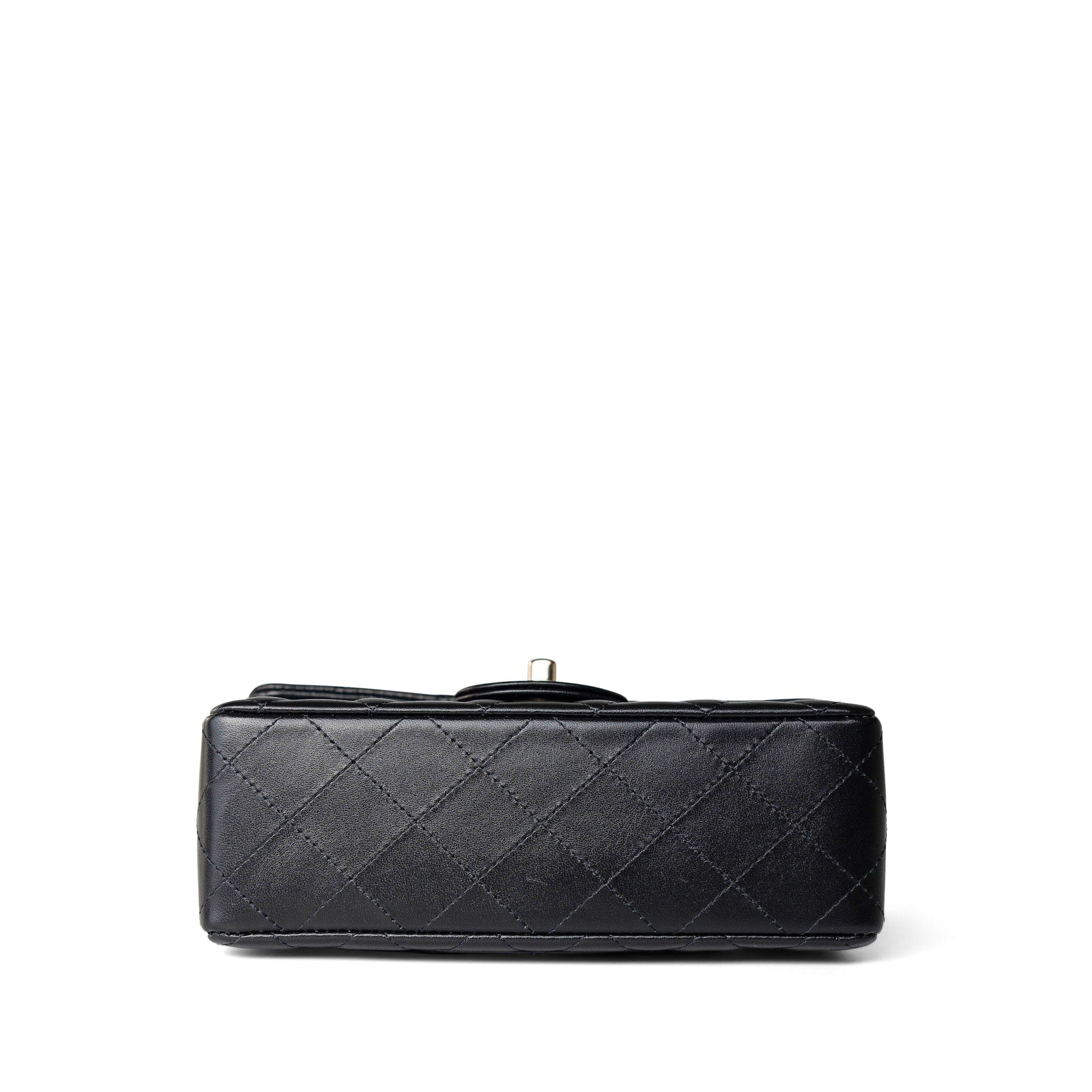 CHANEL Handbag Black Black Lambskin Quilted Mini Rectangular Flap Light Gold Hardware - Redeluxe