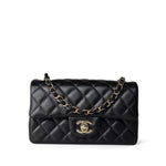 CHANEL Handbag Black Black Lambskin Quilted Mini Rectangular Flap Light Gold Hardware - Redeluxe