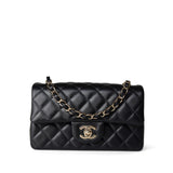CHANEL Handbag Black Black Lambskin Quilted Mini Rectangular Flap Light Gold Hardware - Redeluxe