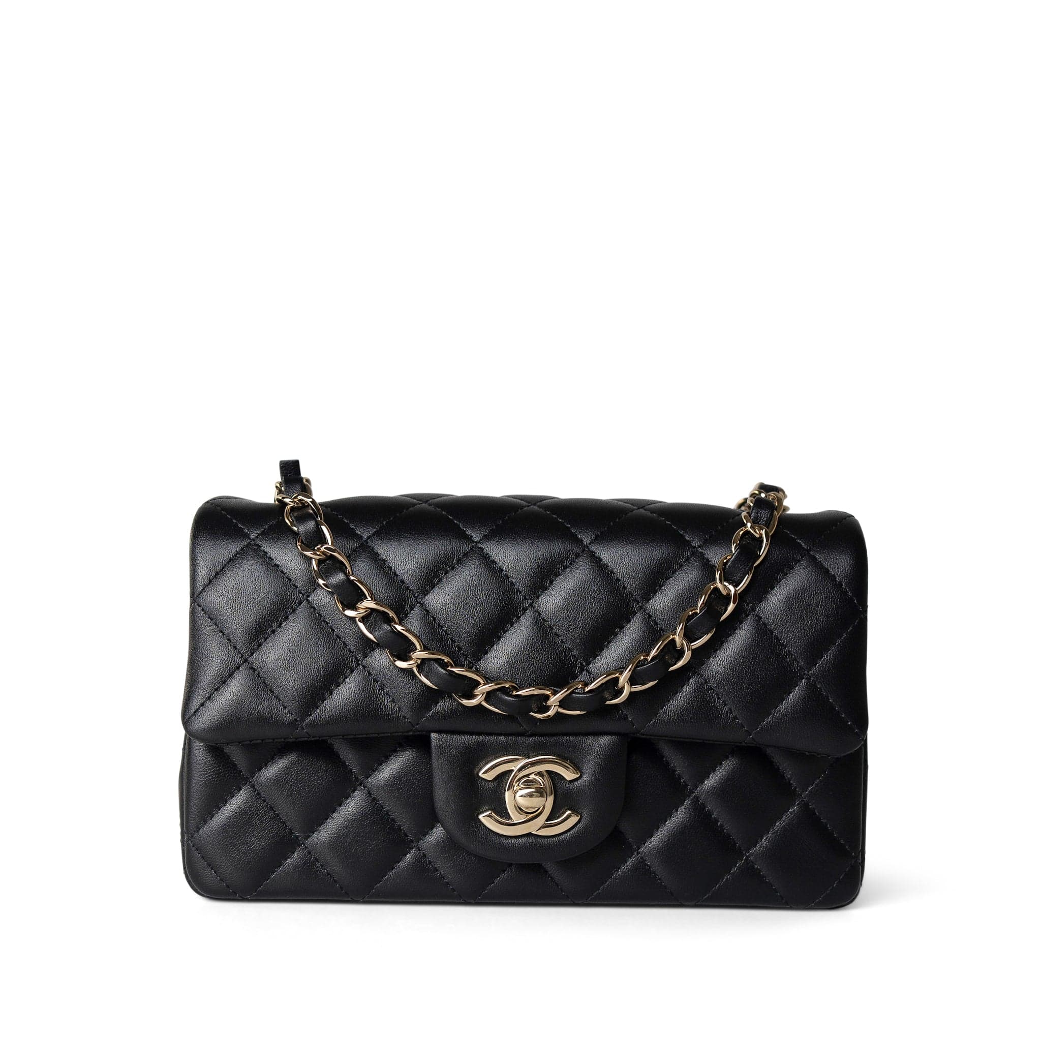 CHANEL Handbag Black Black Lambskin Quilted Mini Rectangular Flap Light Gold Hardware - Redeluxe