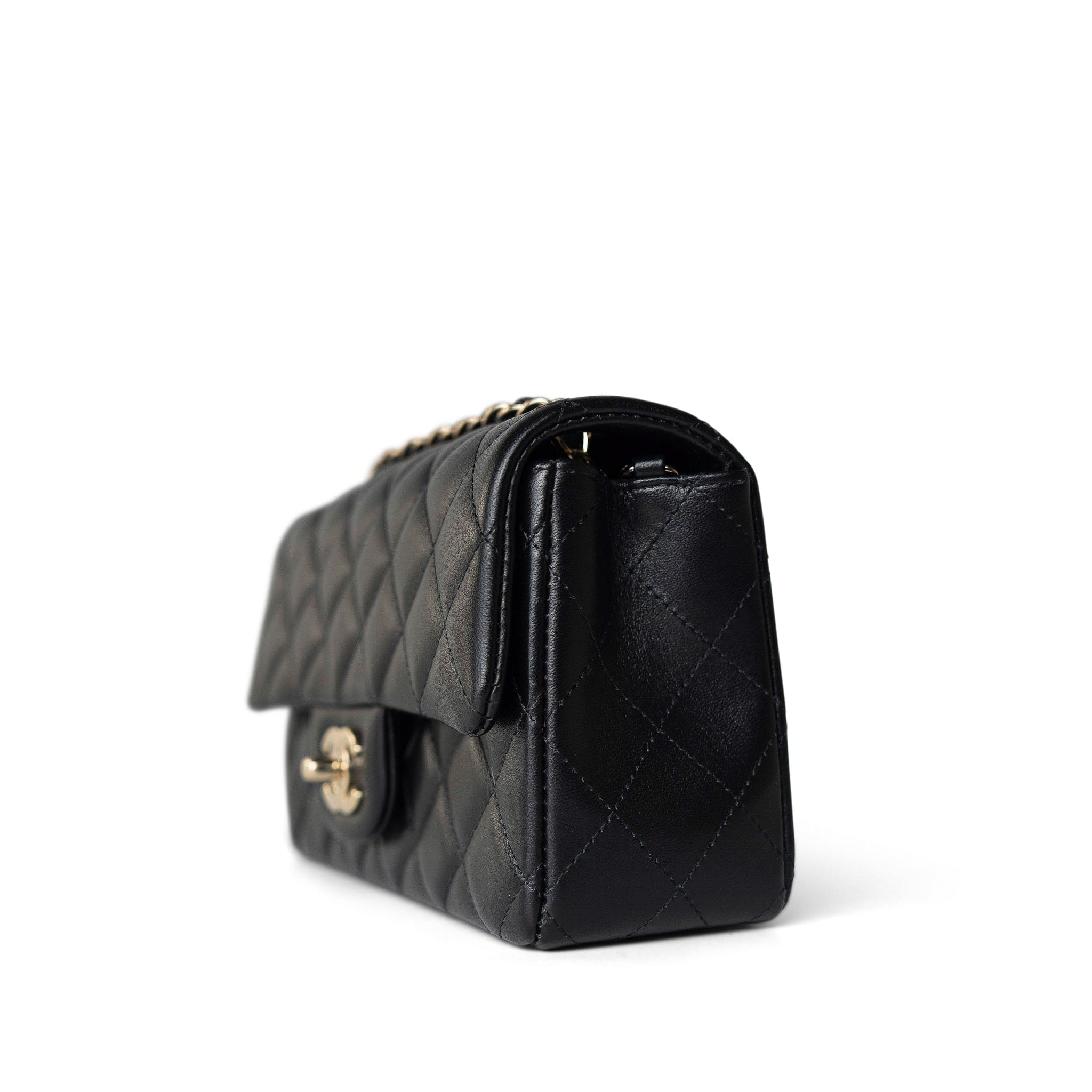 CHANEL Handbag Black Black Lambskin Quilted Mini Rectangular Flap Light Gold Hardware - Redeluxe
