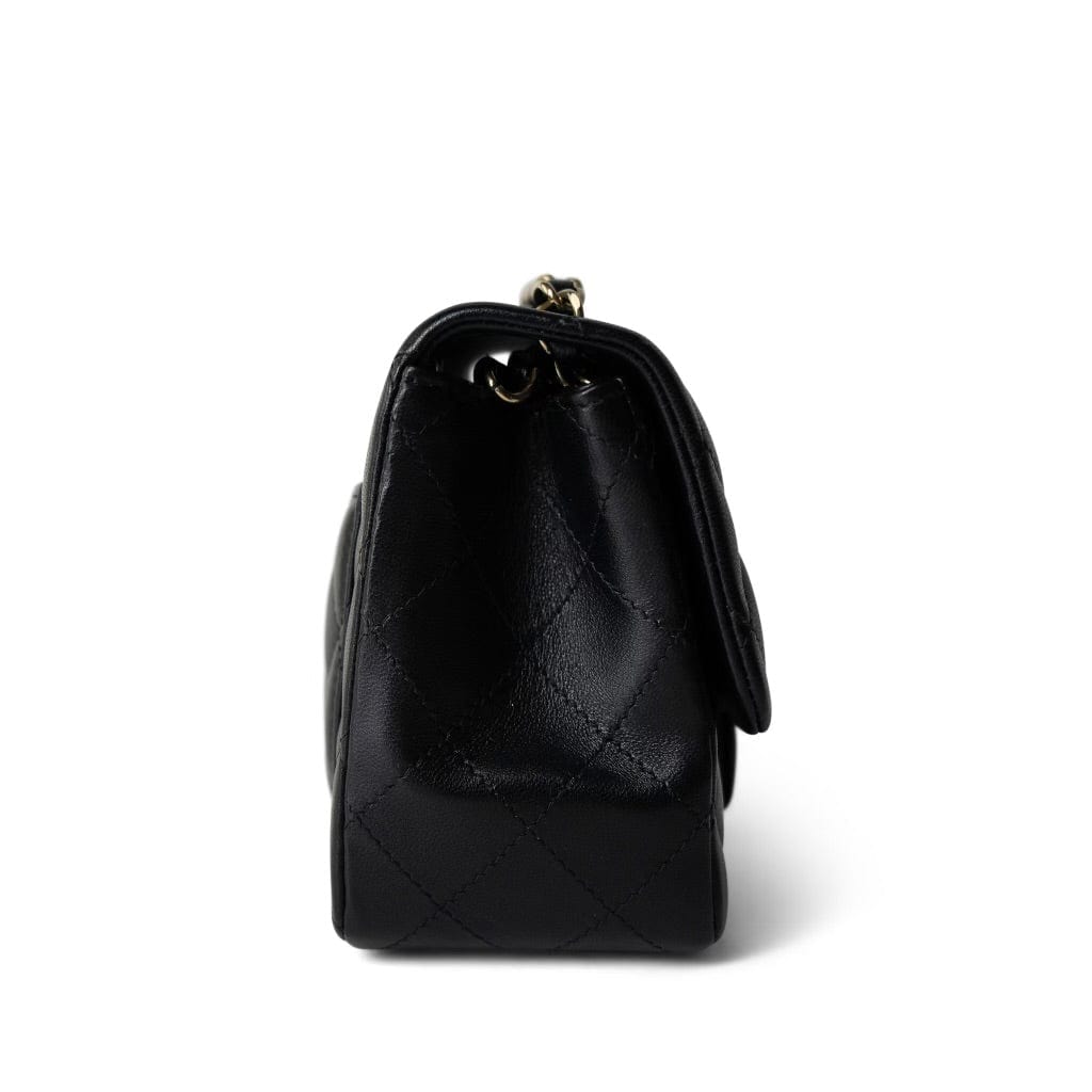 CHANEL Handbag Black Black Lambskin Quilted Mini Square Flap Light Gold Hardware - Redeluxe