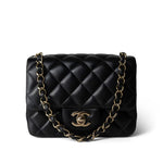 CHANEL Handbag Black Black Lambskin Quilted Mini Square Flap Light Gold Hardware - Redeluxe