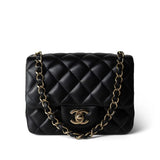 CHANEL Handbag Black Black Lambskin Quilted Mini Square Flap Light Gold Hardware - Redeluxe