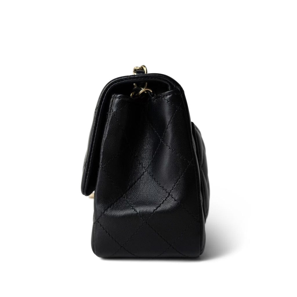 CHANEL Handbag Black Black Lambskin Quilted Mini Square Flap Light Gold Hardware - Redeluxe