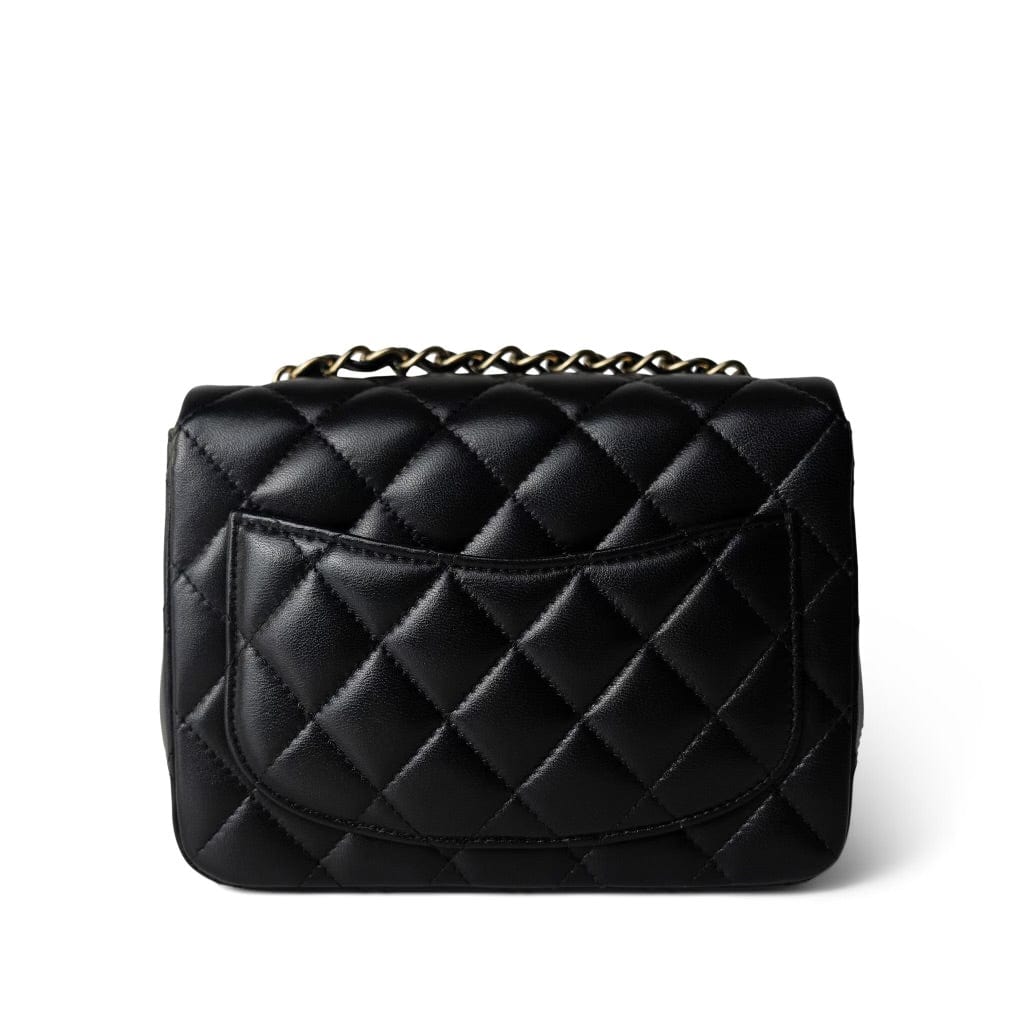 CHANEL Handbag Black Black Lambskin Quilted Mini Square Flap Light Gold Hardware - Redeluxe