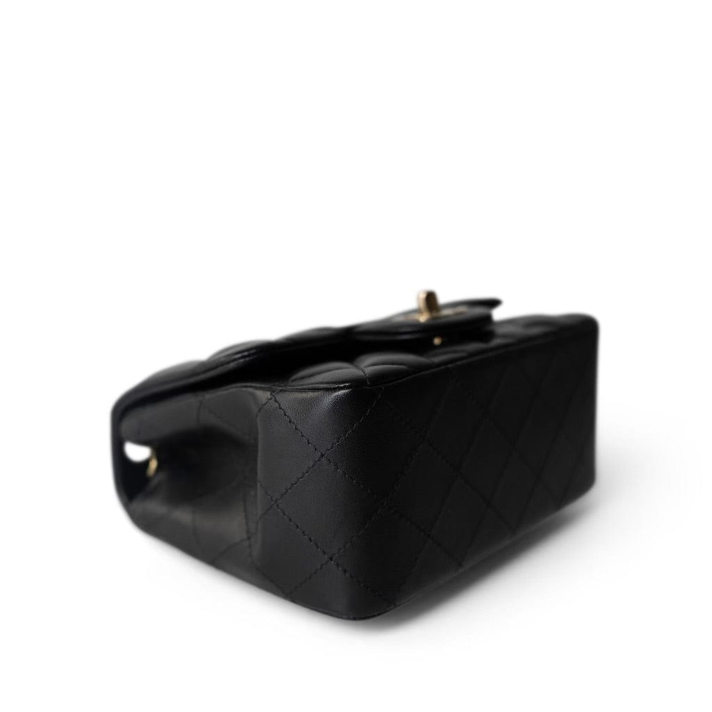 CHANEL Handbag Black Black Lambskin Quilted Mini Square Flap Light Gold Hardware - Redeluxe