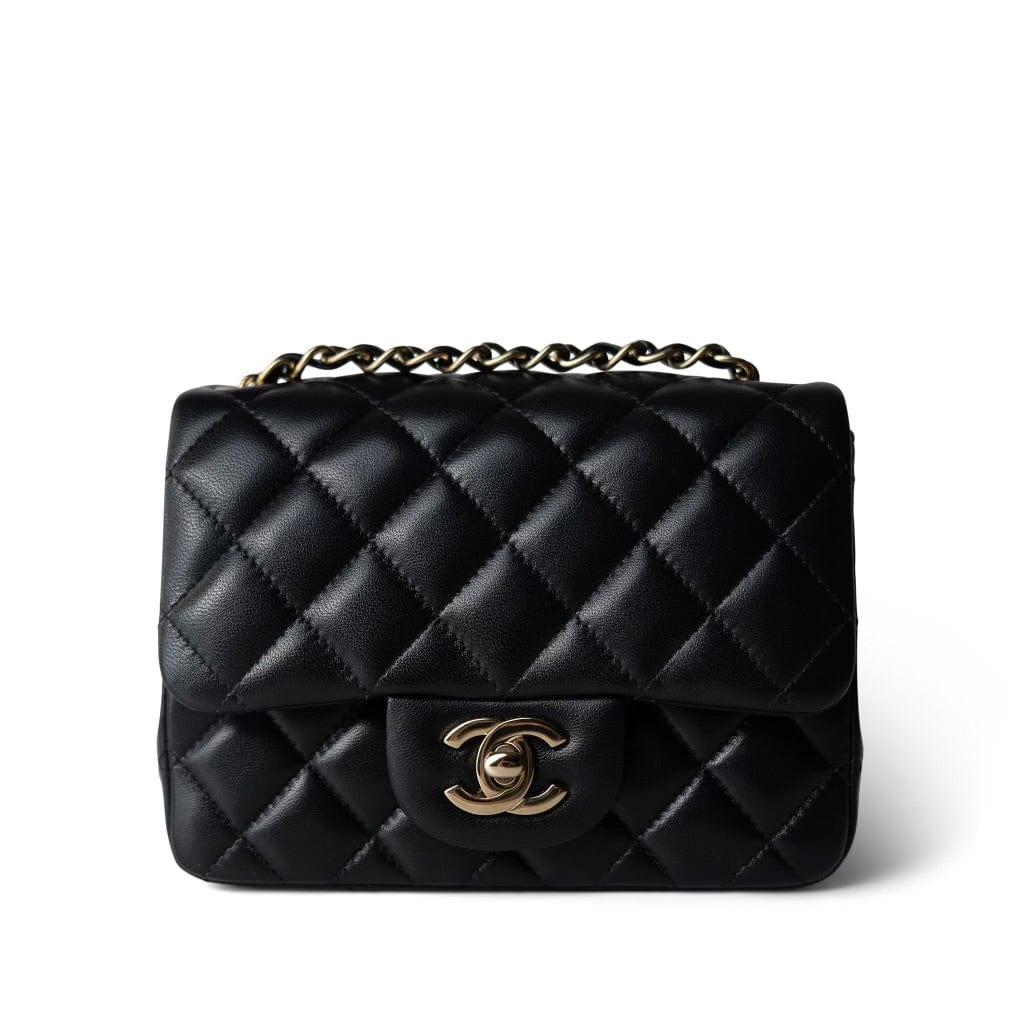 CHANEL Handbag Black Black Lambskin Quilted Mini Square Flap Light Gold Hardware - Redeluxe