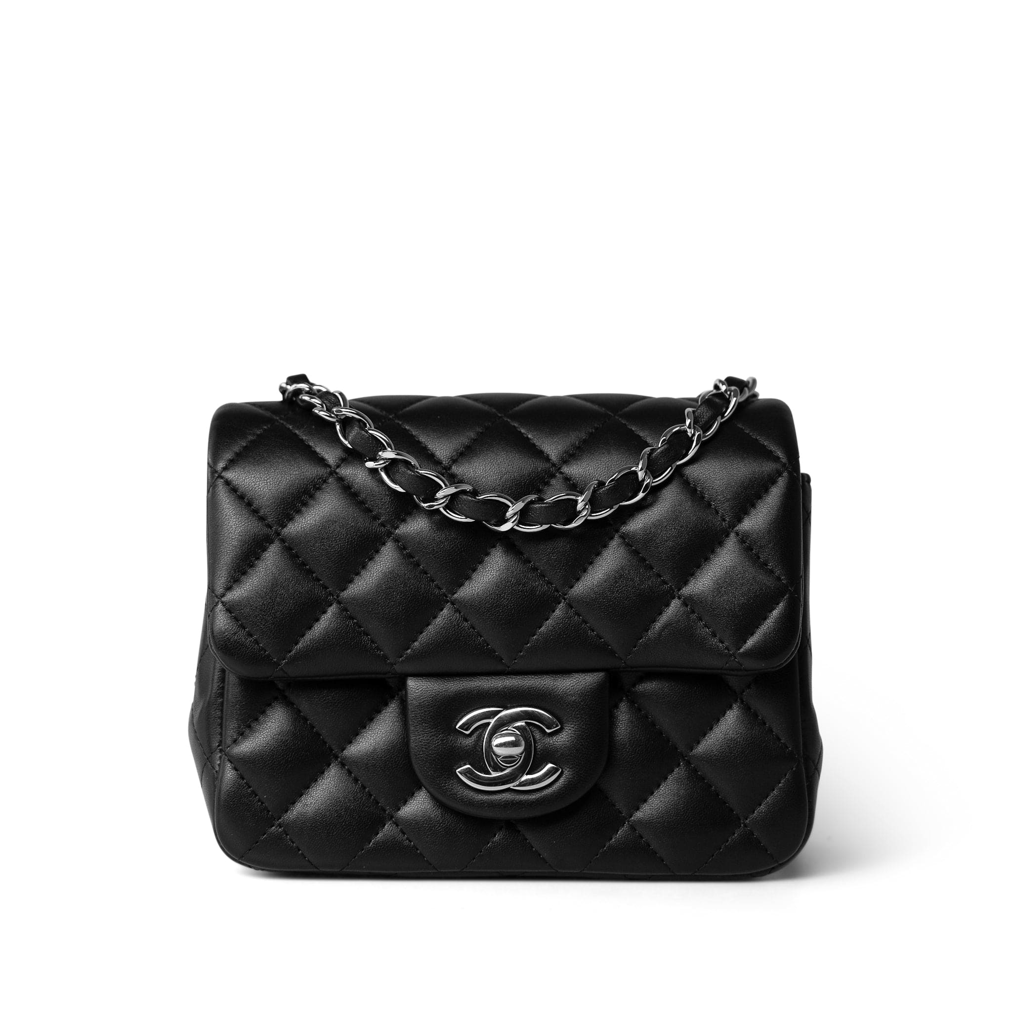 CHANEL Handbag Black Black Lambskin Quilted Mini Square Flap Silver Hardware - Redeluxe