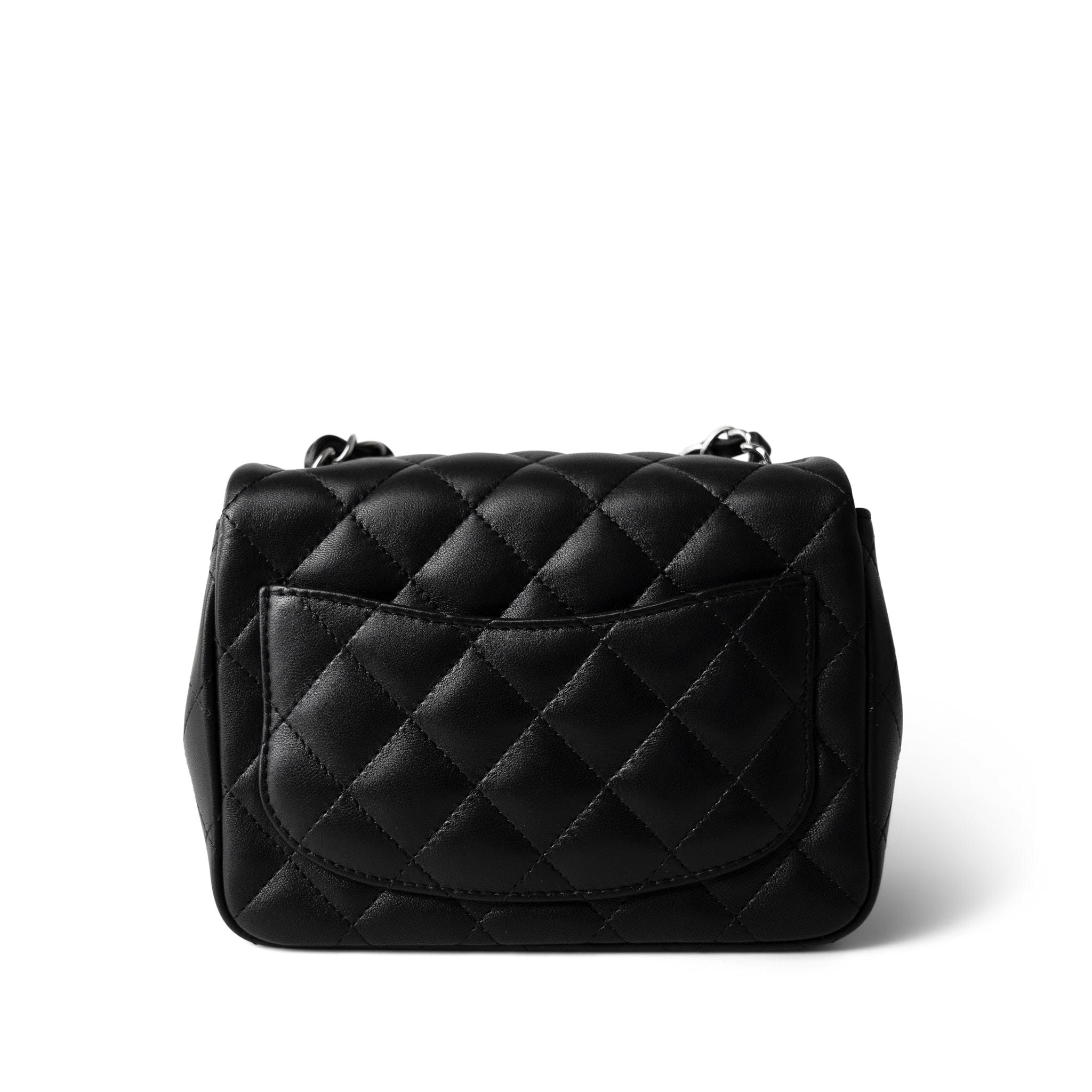 CHANEL Handbag Black Black Lambskin Quilted Mini Square Flap Silver Hardware - Redeluxe