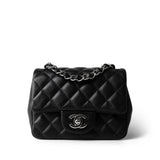 CHANEL Handbag Black Black Lambskin Quilted Mini Square Flap Silver Hardware - Redeluxe