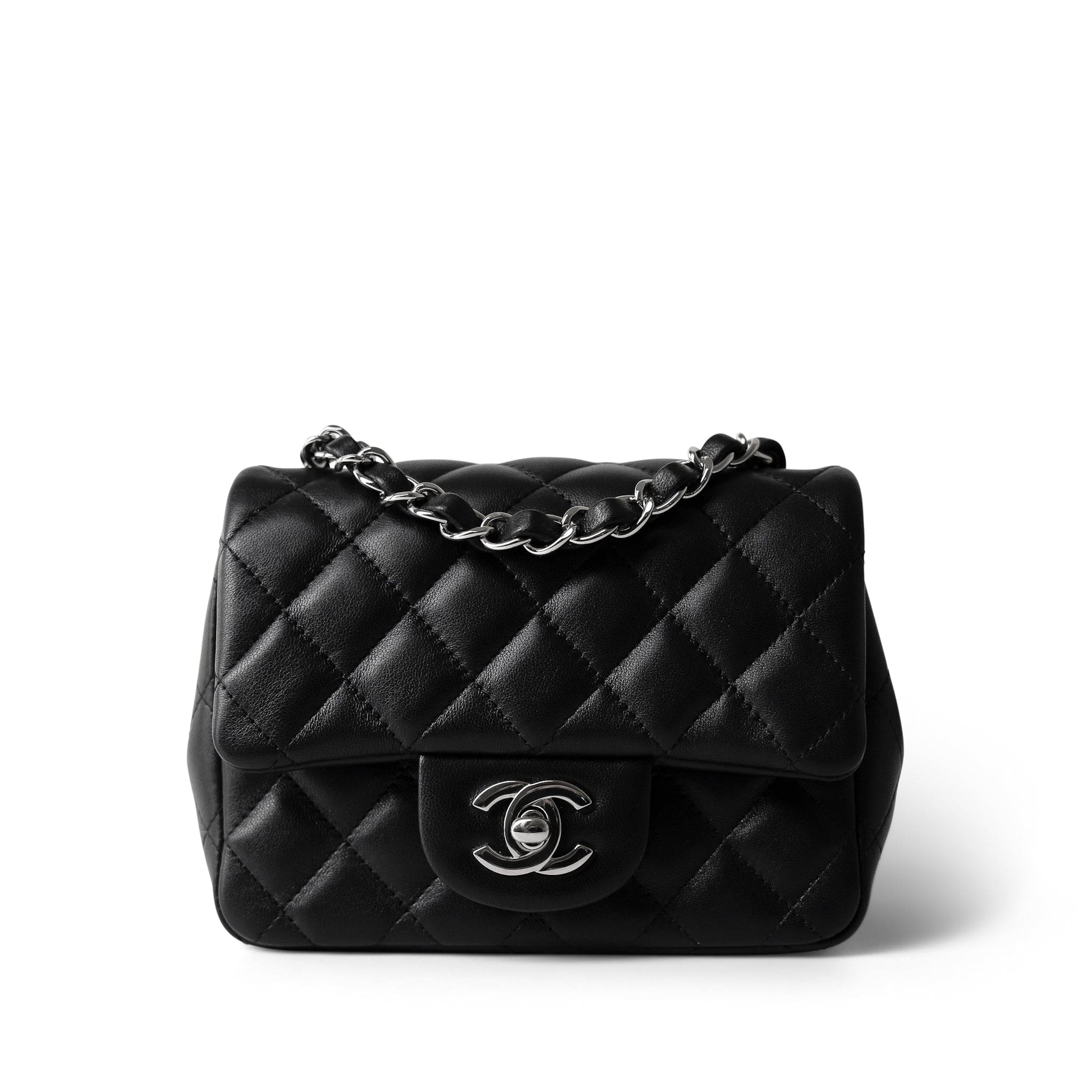 CHANEL Handbag Black Black Lambskin Quilted Mini Square Flap Silver Hardware - Redeluxe