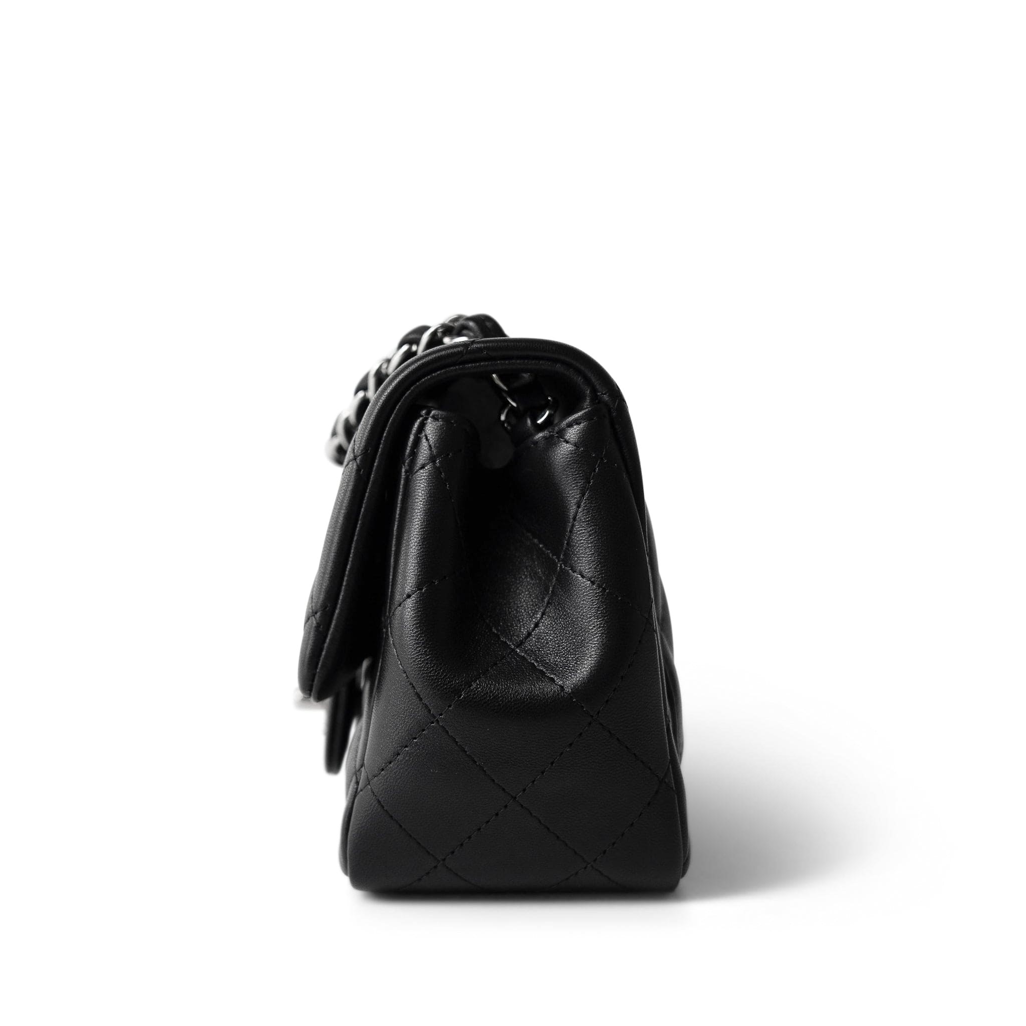 CHANEL Handbag Black Black Lambskin Quilted Mini Square Flap Silver Hardware - Redeluxe