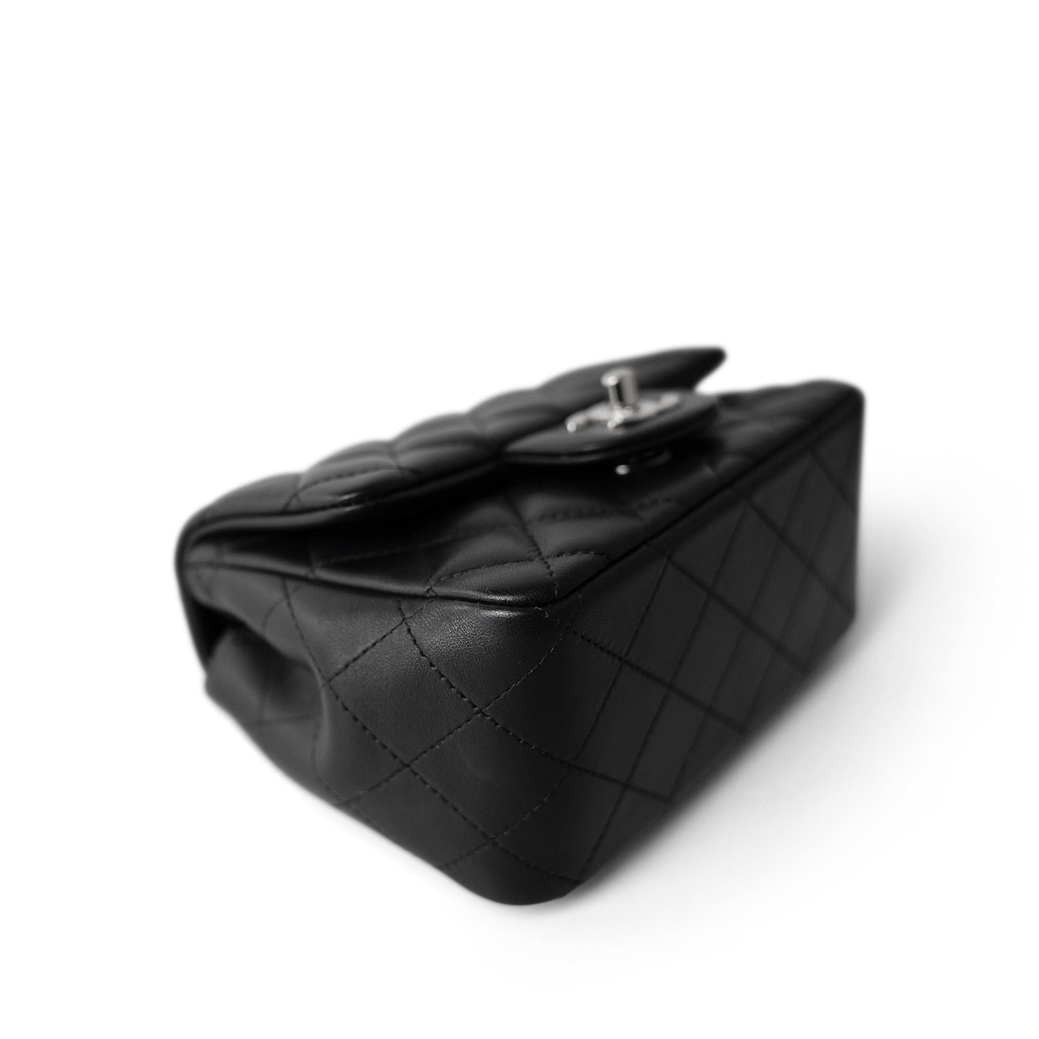 CHANEL Handbag Black Black Lambskin Quilted Mini Square Flap Silver Hardware - Redeluxe