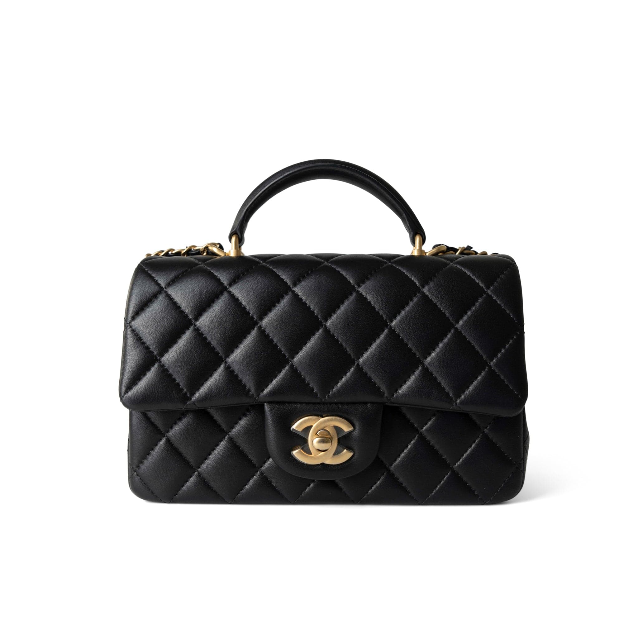 CHANEL Handbag Black Black Lambskin Quilted Mini Top Handle Antique Gold Hardware - Redeluxe