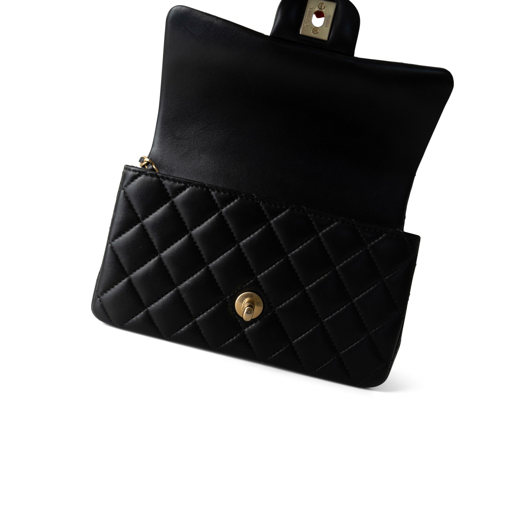 CHANEL Handbag Black Black Lambskin Quilted Mini Top Handle Antique Gold Hardware - Redeluxe