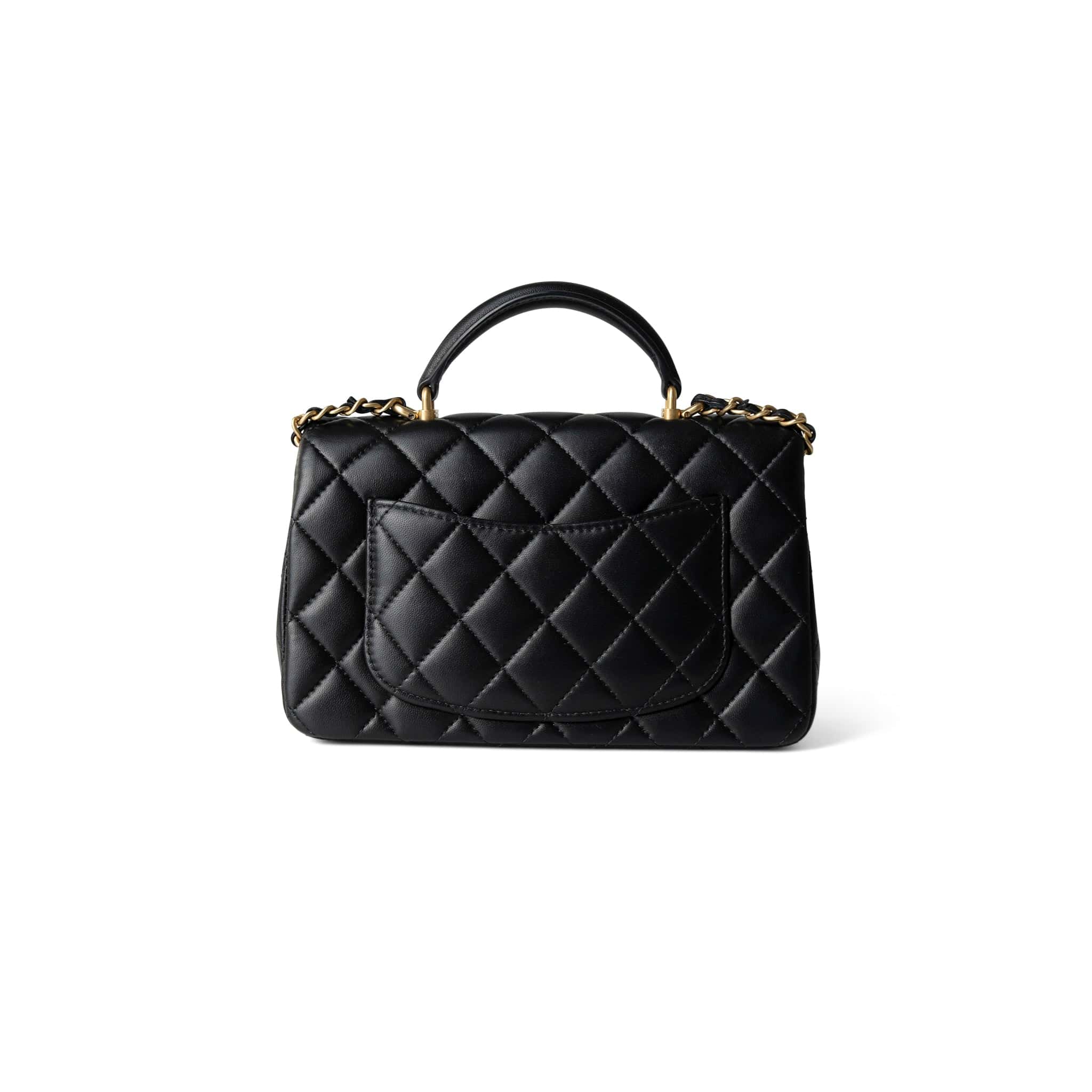 CHANEL Handbag Black Black Lambskin Quilted Mini Top Handle Antique Gold Hardware - Redeluxe