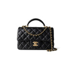 CHANEL Handbag Black Black Lambskin Quilted Mini Top Handle Antique Gold Hardware - Redeluxe
