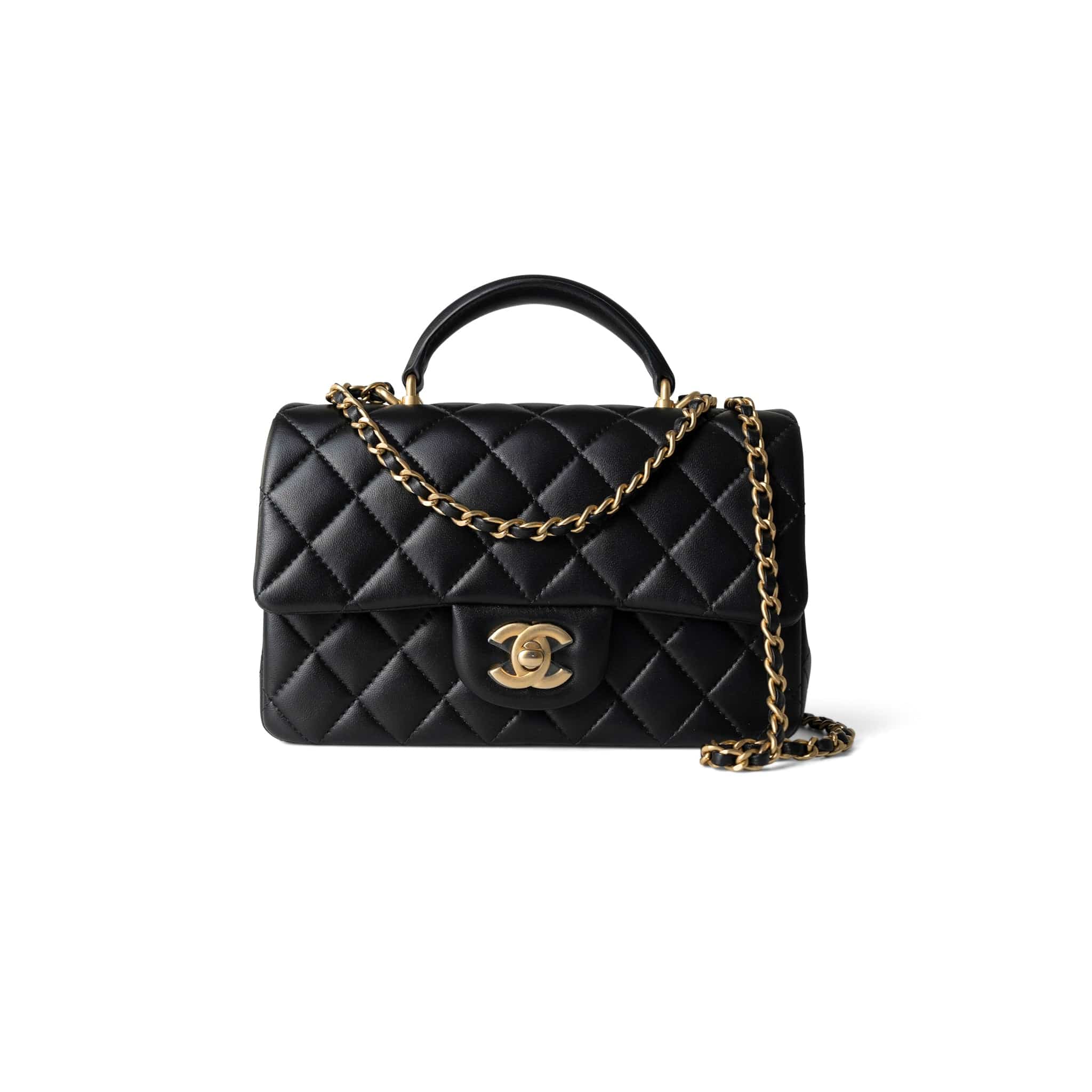 CHANEL Handbag Black Black Lambskin Quilted Mini Top Handle Antique Gold Hardware - Redeluxe