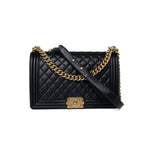 CHANEL Handbag Black Black Lambskin Quilted New Medium Boy Bag Aged Gold Hardware - Redeluxe