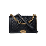 CHANEL Handbag Black Black Lambskin Quilted New Medium Boy Bag Aged Gold Hardware - Redeluxe
