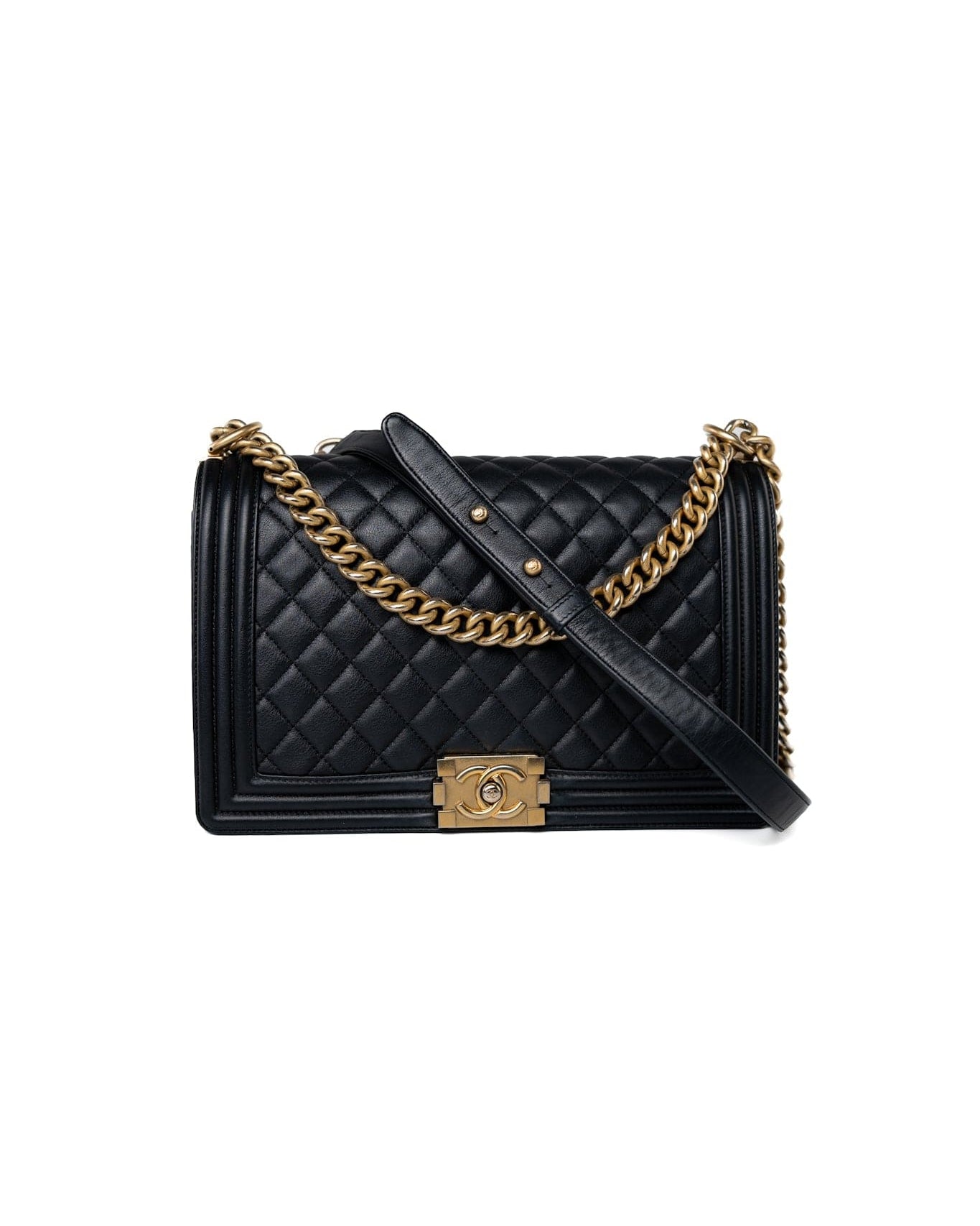 CHANEL Handbag Black Black Lambskin Quilted New Medium Boy Bag Aged Gold Hardware - Redeluxe