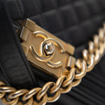 CHANEL Handbag Black Black Lambskin Quilted New Medium Boy Bag Aged Gold Hardware - Redeluxe