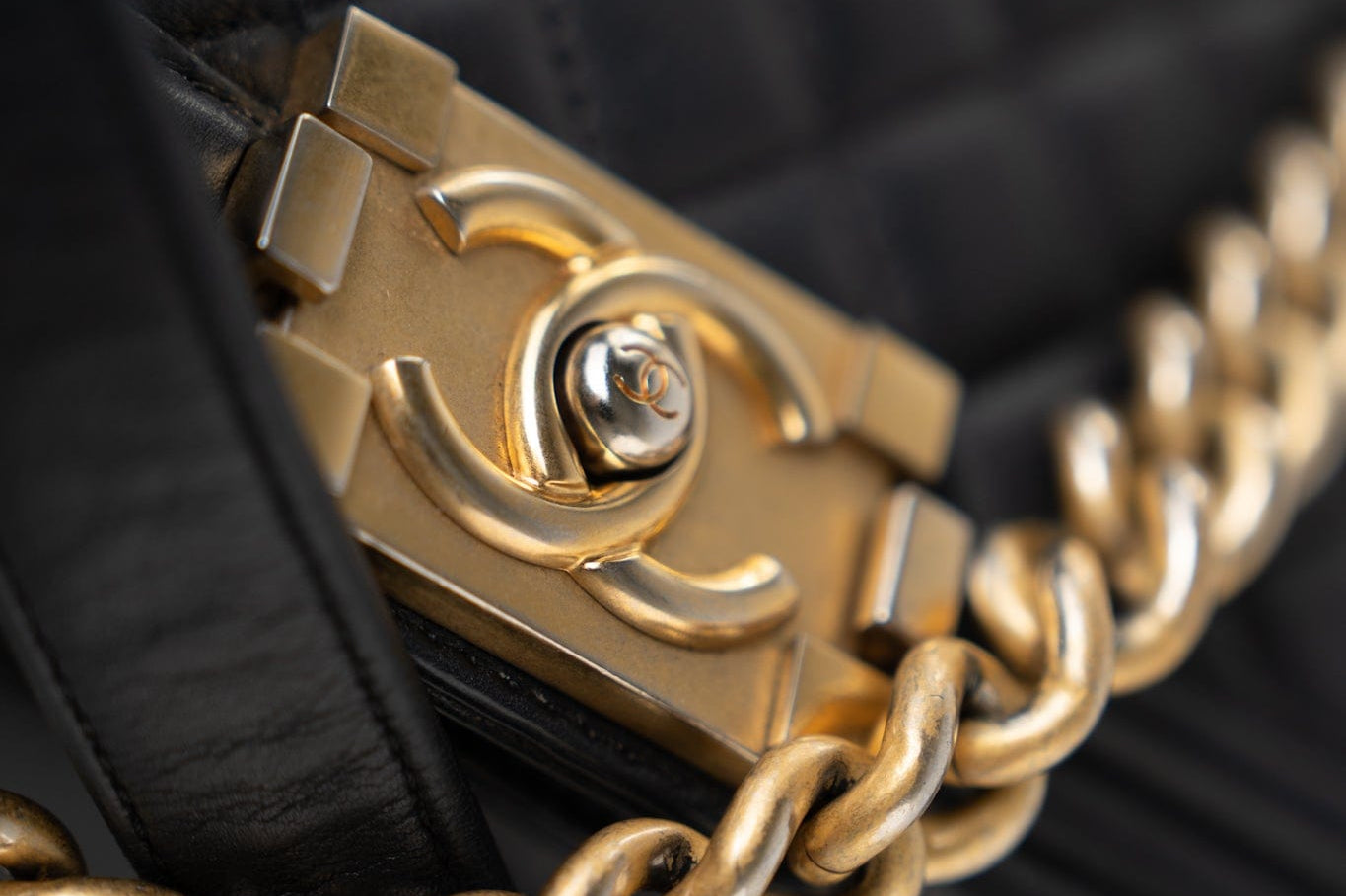 CHANEL Handbag Black Black Lambskin Quilted New Medium Boy Bag Aged Gold Hardware - Redeluxe