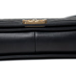 CHANEL Handbag Black Black Lambskin Quilted New Medium Boy Bag Aged Gold Hardware - Redeluxe