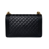 CHANEL Handbag Black Black Lambskin Quilted New Medium Boy Bag Aged Gold Hardware - Redeluxe