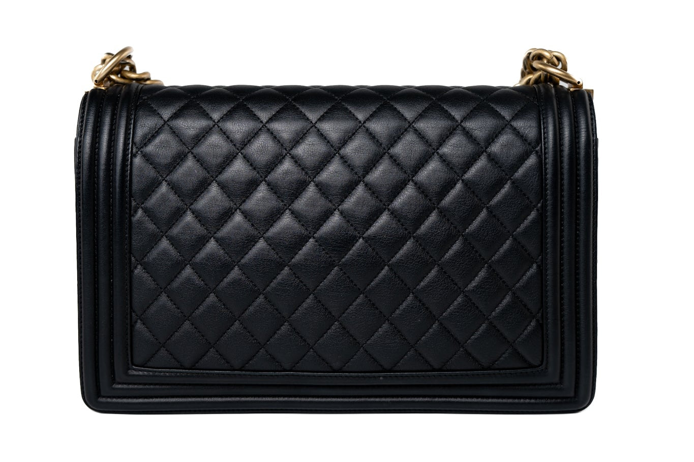 CHANEL Handbag Black Black Lambskin Quilted New Medium Boy Bag Aged Gold Hardware - Redeluxe