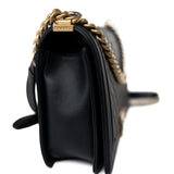 CHANEL Handbag Black Black Lambskin Quilted New Medium Boy Bag Aged Gold Hardware - Redeluxe
