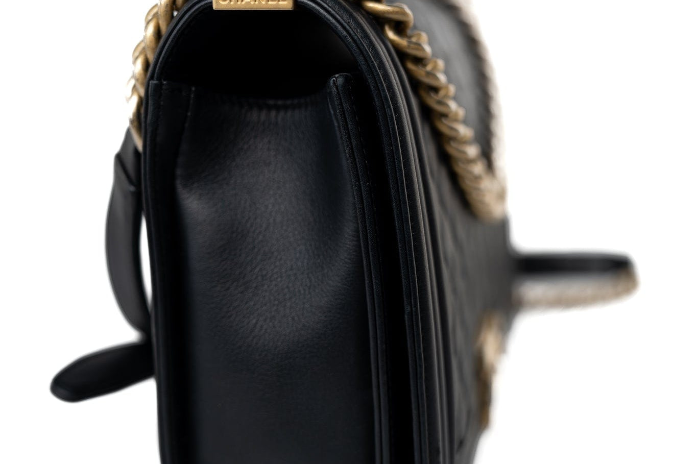 CHANEL Handbag Black Black Lambskin Quilted New Medium Boy Bag Aged Gold Hardware - Redeluxe